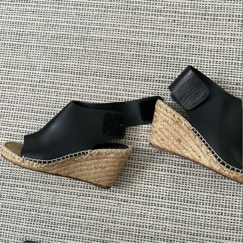 CELINE Calfskin Espadrille Wedge Sandals Black/Natural Size 35